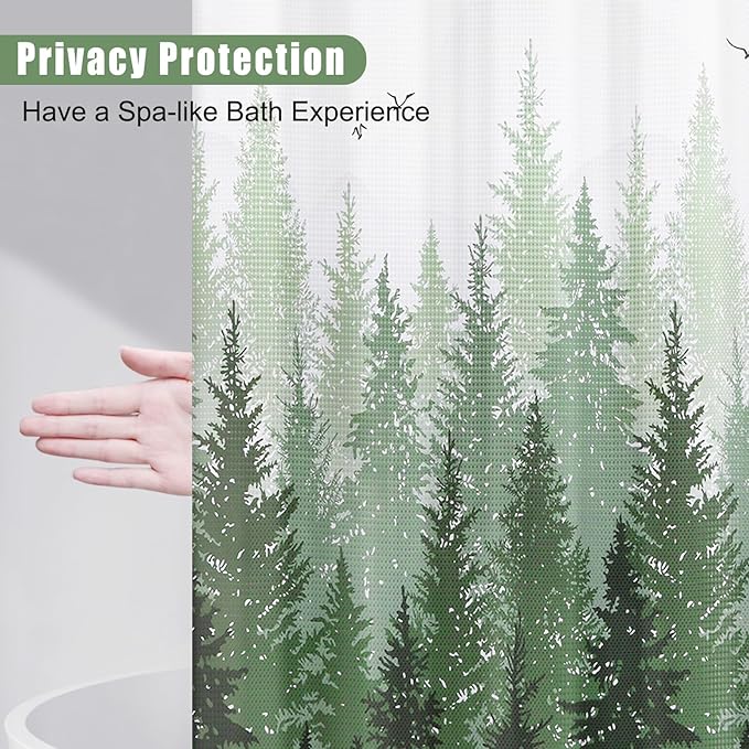 Hokibero Olivie Green Misty Forest Mountain Nature Tree Fabric Shower Curtains for Bathroom Waterproof Heavy Duty Green and White Woohitedland Shower Curtain Bathtubs Hotel, 72 x 72 inch