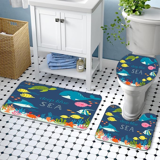 Lnond 4 Pcs Kids Bathroom Shower Curtain Set, Blue Sea Whales Bathroom Sets for Kids Bathroom Decoration with Shower Curtain, Non Slip Bathroom Rugs, Toilet Lid Cover, U Toilet Mat and 12 Hooks