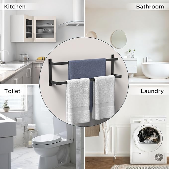 FORIOUS Double Towel Rack, 24 Inch Towel Racks for Bathroom Wall Mounted, Heavy-Duty SUS304 Stainless Steel Towel Bar, 2-Tier Design Heavy Duty Towel Rack, Matte Black