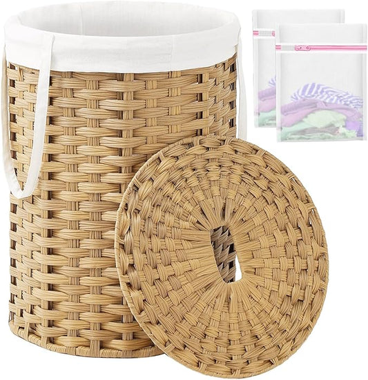 SETVSON Laundry Hamper with Lid Laundry Basket with Lid 19.0 Gal (72 L) Round Wicker Laundry Basket Handwoven Rattan Hamper Removable Bag 2 Mesh Bags Handles for Living Room Bathroom Natural
