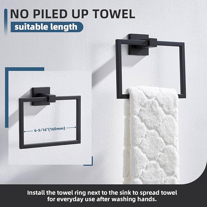 Angle Simple Square Towel Ring Matte Black, SUS 304 Stainless Steel Bathroom Swivel Hand Towel Holder Rack 7.09 Inches, Wall Mount