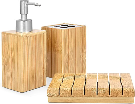 Navaris Bamboo Bathroom Accessories Set - 3-Piece Bath Set with Toothbrush Holder, Liquid Soap Dispenser, Soap Dish - Bath Accessory Trio 3 Pieces