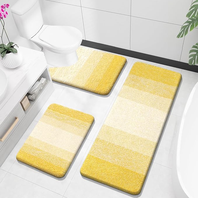 OLANLY Bathroom Rugs Sets 3 Piece, Soft Absorbent Microfiber Bath Mats and U-Shaped Contour Toilet Rug, Plush Shaggy Bath Mat Set for Bathroom (47"x20"+24"x16"+24"x20", Yellow)