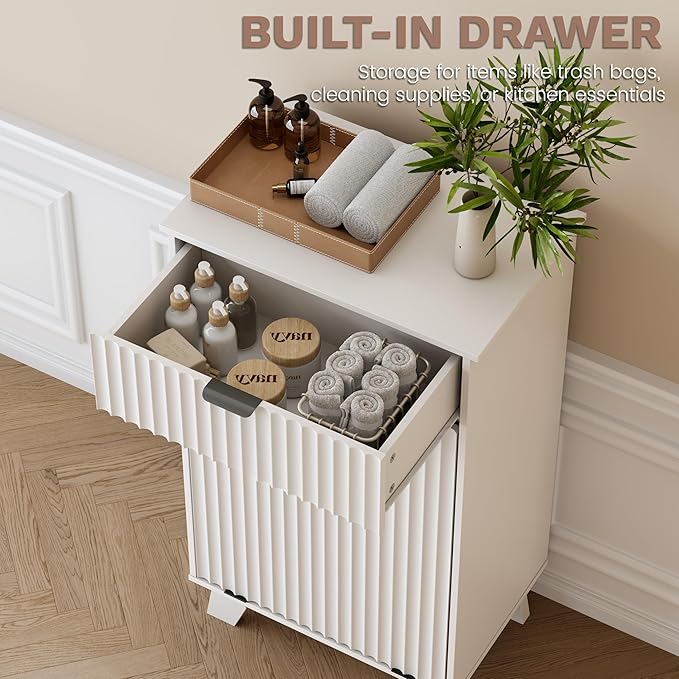 Double Tilt Out Laundry Hamper Cabinet, 20 Gallon Wooden Trash Can Cabinet with Storage Drawers, Hidden Fluted Garbage Can Holder for Kitchen, Living Room (White, 20.47" W x 35.83" H x 13" D)