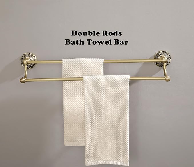 Antique Brass Double Towel Bar, 24 inch Bath Towel Holder Wall Mount, Vintage Gold Decorative Bathroom Accessories, Brass Petal-Relief Series