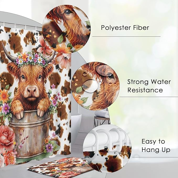 Pamnest 4 Pcs Shower Curtain Sets, Highland Calf Abstract Paw Waterproof Bathroom Sets with Non-Slip Rugs, Toilet Lid Cover and Bath Mat, Accessories Modern Home Bathroom Decor 72" X 72"