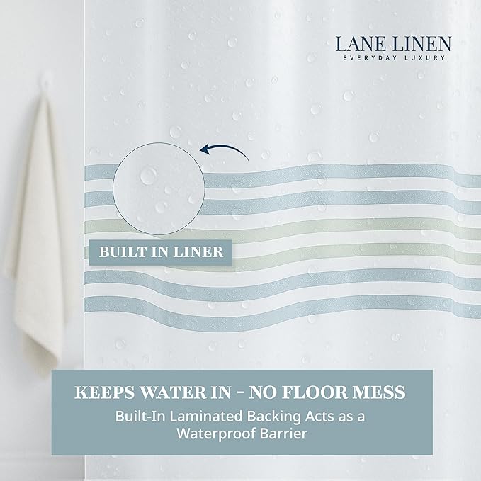 LANE LINEN Waterproof Striped Shower Curtain - 72 x 72 Standard Sized - Built in Waterproof Inner Layer - Waffle Textured Fabric - Easy Care, Quick Dry & Reinforced Header with Grommets - Sage Green
