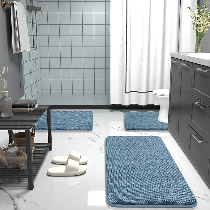 OLANLY Thick Memory Foam Bath Mat Rug 32x20, Extra Soft Absorbent Bathroom Rug, Quick Dry Bath Mats, Non-Slip, Machine Washable Carpet for Bathroom, Tub and Shower, Home Decor Accessories, Airy Blue