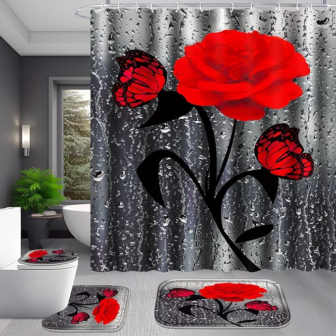 Poedist 4 Pcs Bathroom Set,Red Rose Shower Curtain Sets, Floral Shower Curtain Sets with Rugs(Bath Mat,U Shape and Toilet Lid Cover Mat) and 12 Hooks