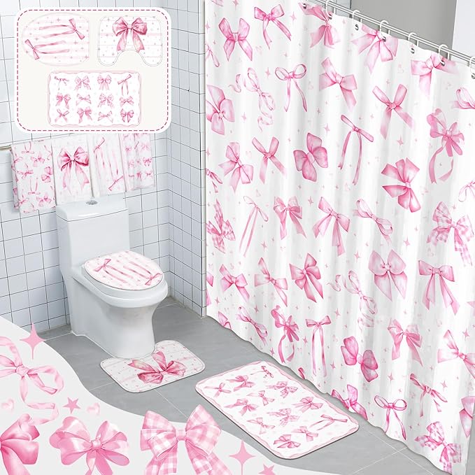 FuWeave 8 Pcs Pink Bow Shower Curtain Sets for Bathroom Decor Cute Coquette Bathroom Accessories Bow Knot Aesthetic Girly Shower Curtain Sets with Towels Carpet Bath Mat Toilet Rugs and 12 Hooks