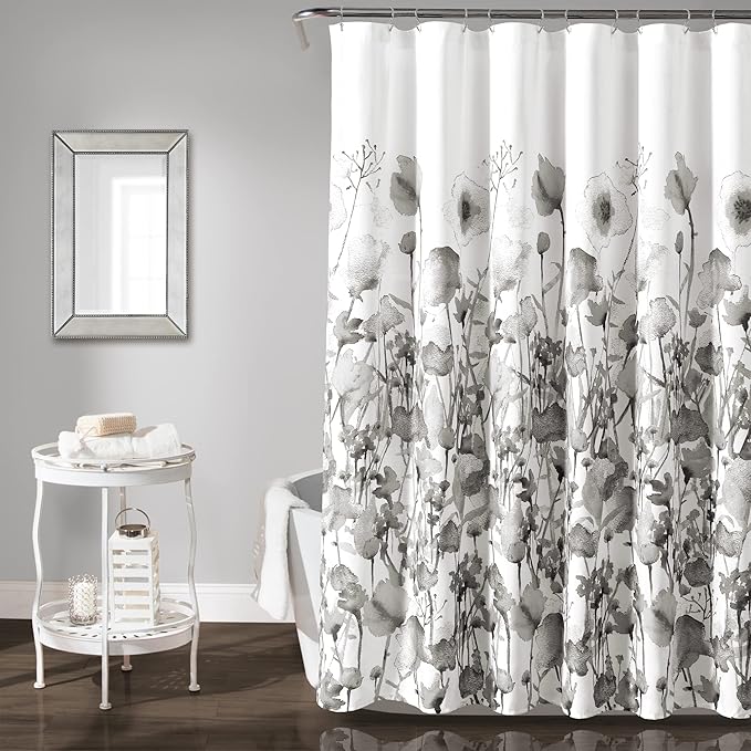Lush Decor Zuri Flora Shower Curtain Single 72" W x 72" L Light Gray - Floral Shower Curtains for Bathroom - Gray Bathroom Curtain - Cottage Decor