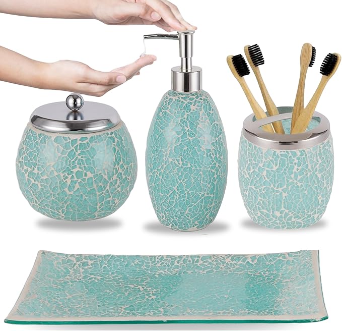 Escenzy Stylish Green Bathroom Accessories Sets 4 Pcs | Luxurious Glass Soap Dispenser, Toothbrush Holder, Cotton Swab Jar, Vanity Tray | Modern Decor Bling Mosaic Glass Turquoise Bathroom Accessories
