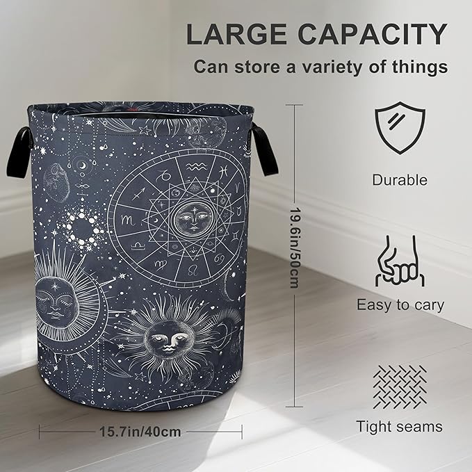Sun Moon Laundry Basket Foldable Oxford Cloth Tote Bag Laundry Hamper Clothes Storage Bucket Organizer For Bathroom/Laundry Storage/Bedroom 19.6x15.7 Inch