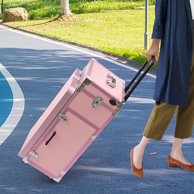 Upgraded Rolling Makeup Case, Foldable Nail Tables Travel Cosmetic Trolley Storage Organizer with 4 Drawers Mirror Pink Nail Table Large Storage Makeup Organizer