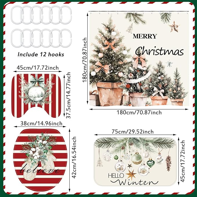 Drydiet 4 Pcs Christmas Shower Curtain Set Bathroom Decoration Non Slip Rugs Mat Toilet Lid Cover Shower Curtain for Xmas Holiday Farmhouse Home Bathroom Decor(Cozy Christmas)