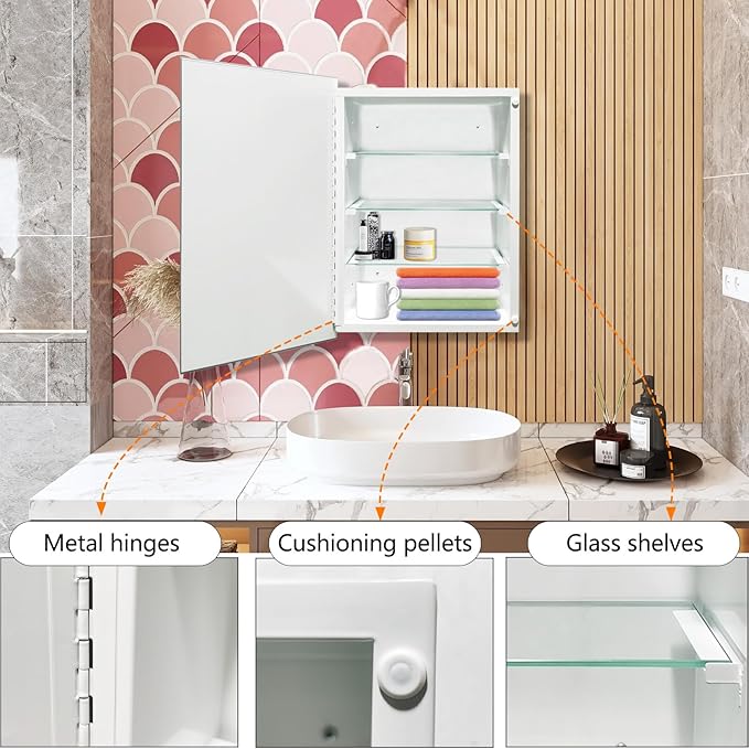 Frameless Bathroom Medicine Cabinet with Beveled Edge Mirror,Surface/Recessed Mount Vanity Storage Cabinet for Bathroom,24x36 Inch