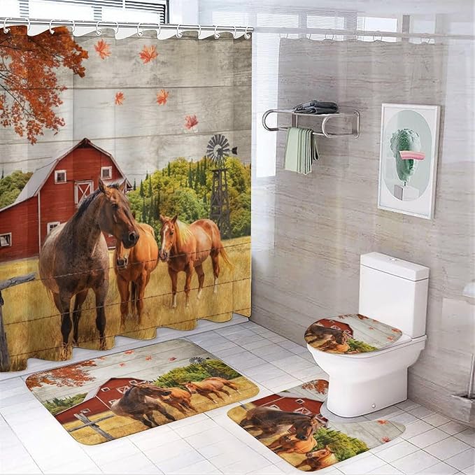 Rustic Farmhouse Horse 4 Pcs Waterproof Shower Curtain Set,Retro Wooden Barn Western Farm Animals Horses Windmills with Waterproof Toilet Cover Shower Mat Rugs