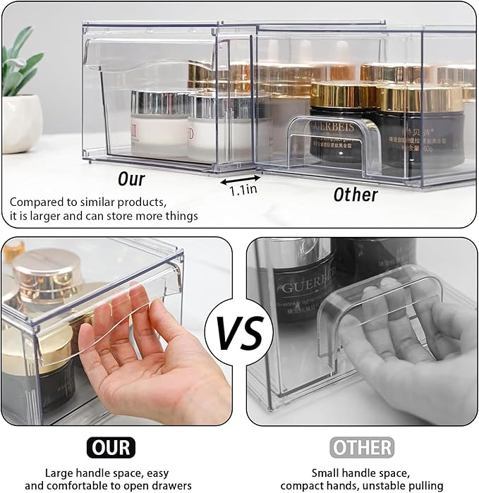 6 Pack Clear Stackable Storage Drawers,12"W Large Bathroom Makeup Organizer and Pen,Sunglass,Medicine,Baby Bottle Organizer,Plastic Pull Out Storage Bins for Desk,Under Cabinets,Vanity Countertop