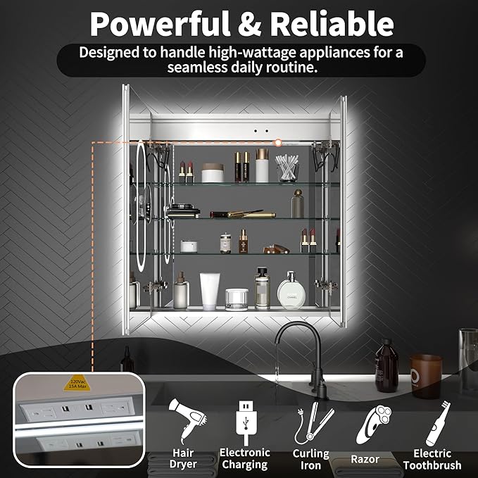ExBrite 30 x 32 LED Lighted Medicine Cabinet with Mirror, Front & Backlit, Night Light, Clock & Temperature Display, Defog, 5X Magnifier, 3-Color Dimmable LED, Surface or Recessed Mount