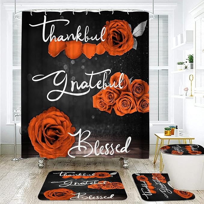 Onalasyc 4Pcs Orange Rose Shower Curtain Set with Rugs Waterproof Bathroom Sets with Shower Curtain and Rugs Romantic Rose Floral, Thankful Grateful Blessed Bathroom Curtains Shower Set,with 12 Hooks