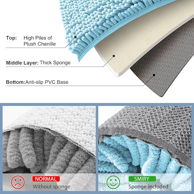 Smiry Luxury Chenille Bathroom Rugs 24x16, Extra Soft and Absorbent Shaggy Bath Mat, Machine Washable, Non-Slip Plush Carpet Runner for Tub, Shower, and Floor, Home Decor Accessories, Sky Blue