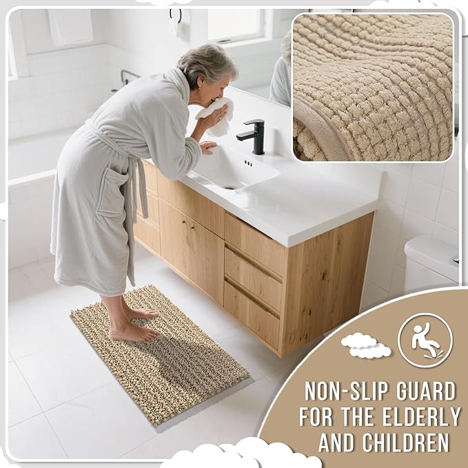 Yimobra Bathroom Runner Rug 60x24 Inch - Extra Long Non Slip Chenille Bath Mat, Soft & Absorbent, Machine Washable Shaggy Hallway Carpet for Vanity Tub Shower, Camel Home Decor Accessories