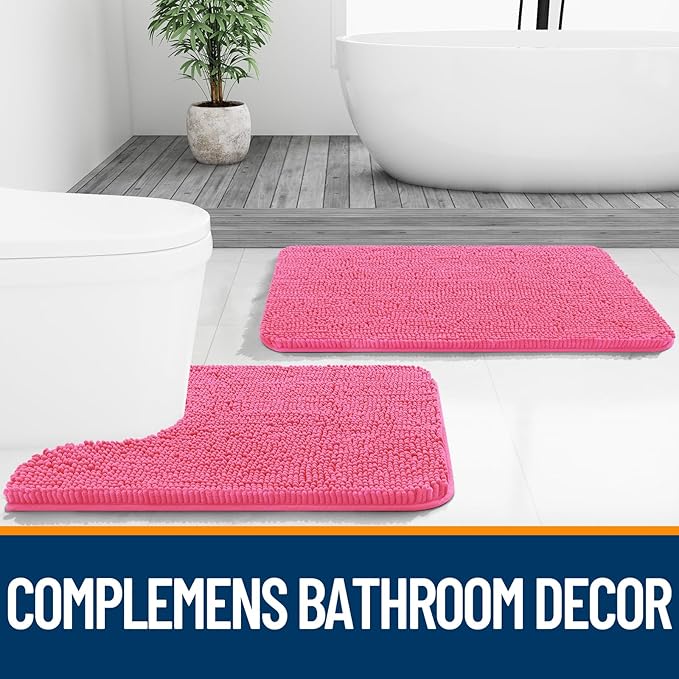 OLANLY Bathroom Rugs 47x17, Extra Soft Absorbent Chenille Bath Rugs, Rubber Backing Quick Dry, Machine Washable Bath Mats for Bathroom Floor, Tub and Shower, Home Decor Accessories, Hot Pink