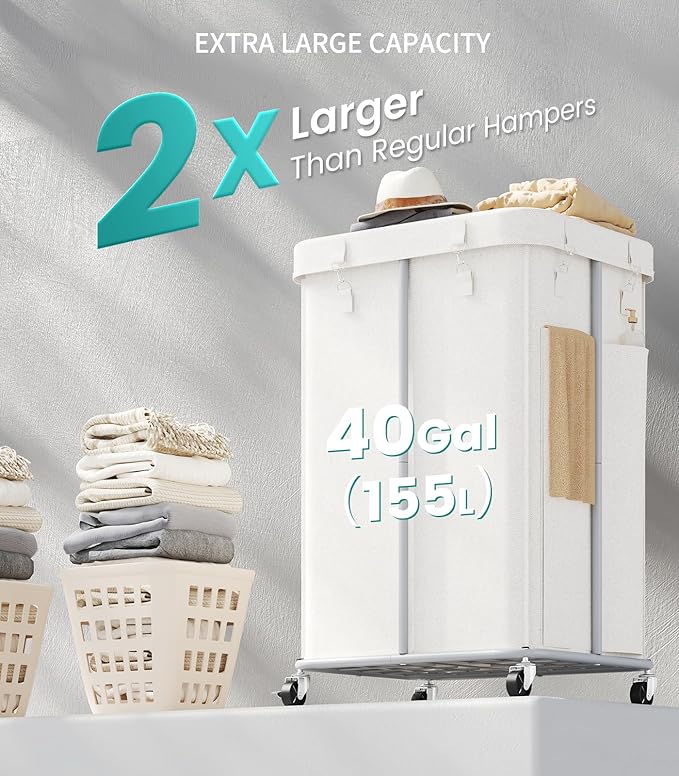 155L Laundry Hamper with Wheels, Rolling Laundry Basket with Metal Frame and Removable Bag, Double Laundry Hamper 2 Section, Large & Tall Dirty Clothes Hampers for Bedroom Aesthetic, Laundry Room