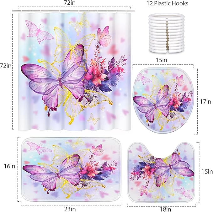 4 Piece Shower Curtain Set, Spring Summer Flowers Waterproof Bathroom Set Accessories with Non-Slip Rugs, Toilet Lid Cover Bath Mat and 12 Hooks, Watercolor Pink Butterfly Home Decor 72" x 72"