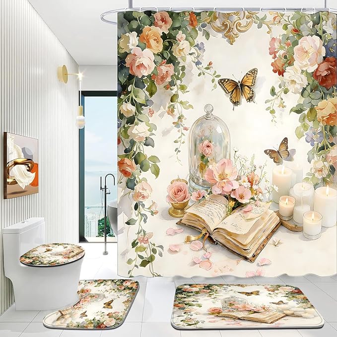 Yizheer Luxury 4Pcs Book Flower Butterfly Shower Curtain Set, Flower Pattern Castle Waterproof Bathroom Decor Kit (Shower Curtain + Bath Rugs + Toilet Lid Cover + Hooks), Elegant Curtain for Bathroom