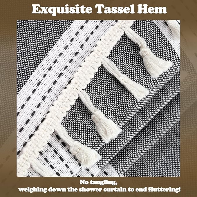 Black and White Farmhouse Thick Shower Curtain with Tassels, 350GSM Cotton Linen Soft Fabric Shower Curtain Boho Chic, 72 x 72 Inch Vintage Striped Heavyweight Bathroom Curtain Water-Repellent