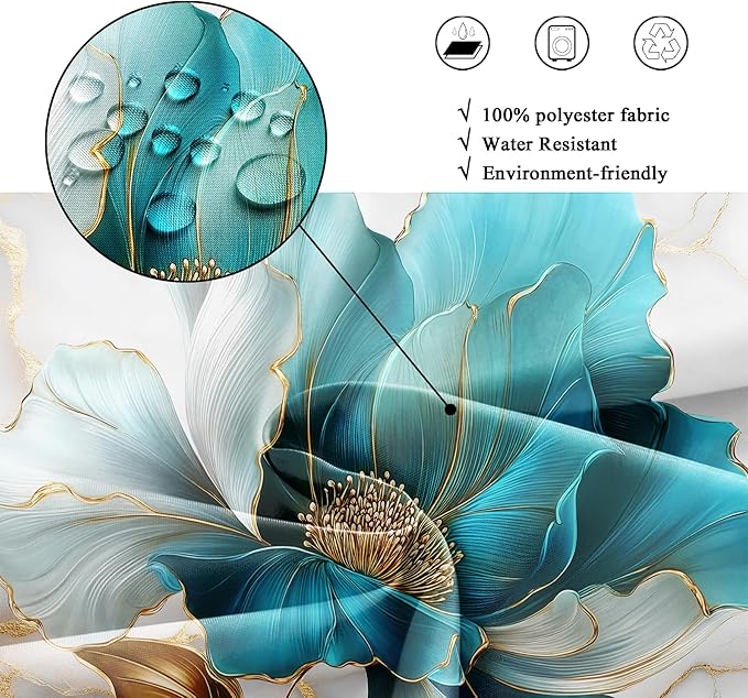 Riyidecor Teal Gold Marble Floral Shower Curtain for Bathroom Decor 72Wx78H Abstract Turquoise Golden Ombre Flower Luxury Modern Simple Art Printed Fabric Polyester Waterproof 12 Pack Plastic Hooks