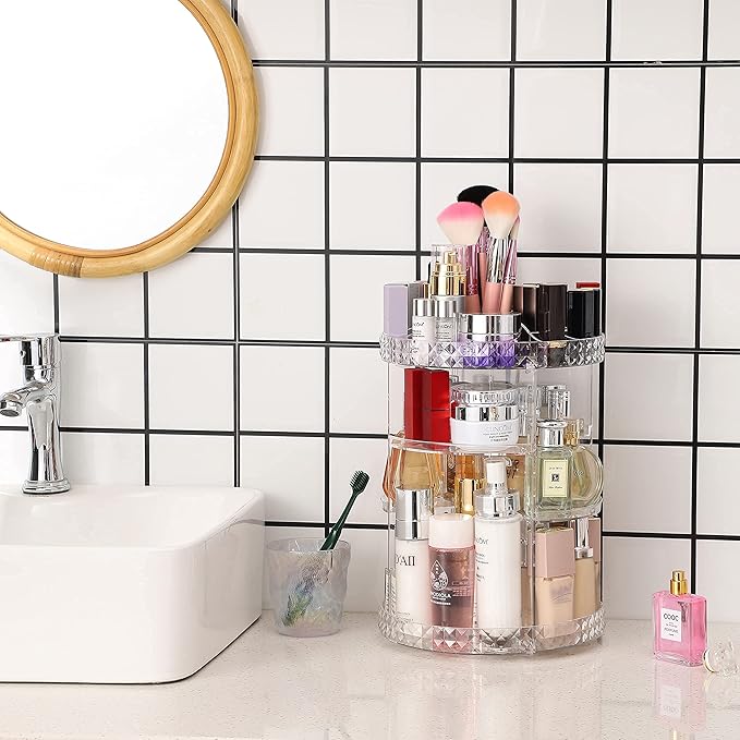 Cq acrylic Rotating Makeup Organizer,Adjustable Spinning Skincare Organizer for Vanity,Countertop,Clear Rotating Perfume Organizer,Bathroom Lazy Susan Organizers,Spin Beauty Product Storage Rack,1Pack