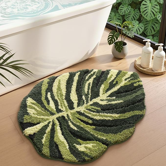 LUMI Cute Bathroom Rugs with Green Leaf Plant, Soft, Fluffy, Plush, Absorbent, Quick Dry, Non Slip, Machine Washable for Shower Floor, Bathroom, Bedroom, Kids Room, 24"x32", Dark Monstera