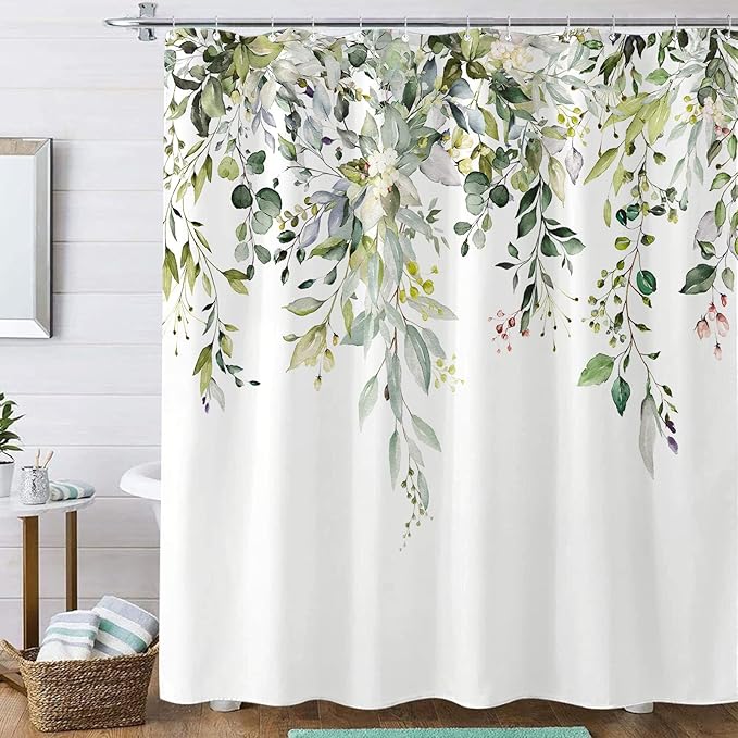kampdream Green Eucalyptus Plant Shower Curtain, Watercolor Leaves On The Top Shower Curtain, Sage Green Spring Botanical Bathroom Curtain 72 ×72 Inch