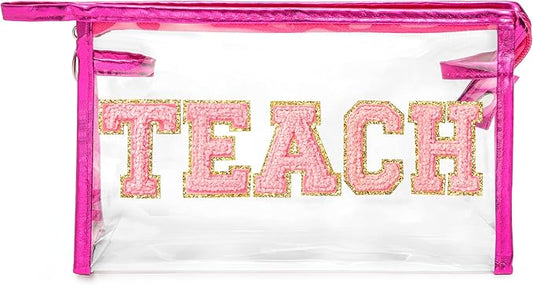 CY2SIDE TEACH Clear Makeup Bag - Pink TEACH Letter Patch Cosmetic Bag with Handle for Travel PVC Zipper Clear Toiletries Waterproof Portable Travel Organizer Teacher Appreciation Gifts, Rose