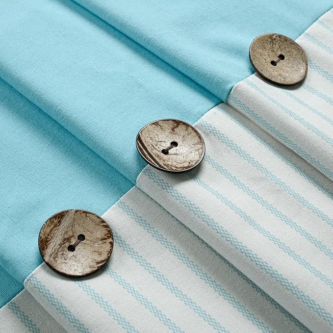 Farmhouse Teal Shower Curtain for Bathroom,Beige and Teal Stripe,Button Curtain,Cotton Blend Woven Fabric,Rustic Charm Country Chic Style,72x72 in