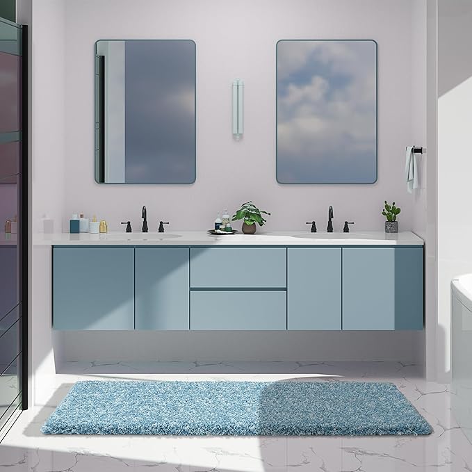 Yimobra Luxury Bathroom Rugs, Fluffy Bath Mats, Non Slip, Water Absorbent Microfiber, Machine Washable, Plush Runner Shower Rugs, Thick Matts for Bathroom Floor&Tub, 70"x 24", Denim Blue and White