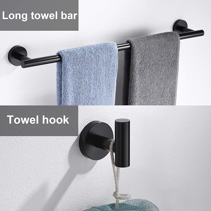 6 Pieces Matte Black Bathroom Hardware Accessories Set Hand Towel Ring 16&23.6 inch Round Towel Bar Silver Toilet Paper Holder Towel Hooks 2 Pieces SUS 304 Stainless Steel,Heavy Duty,Wall Mounted