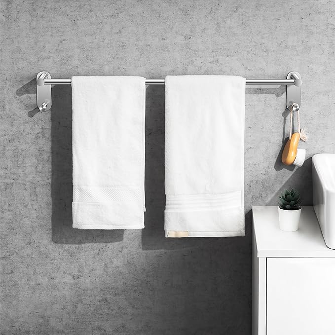 24 Inch Adhesive Towel Bar - Stainless Steel Stick on Towel Rack for Bathroom, No Drilling Towel Holder with 2 Hooks, Brushed Nickel