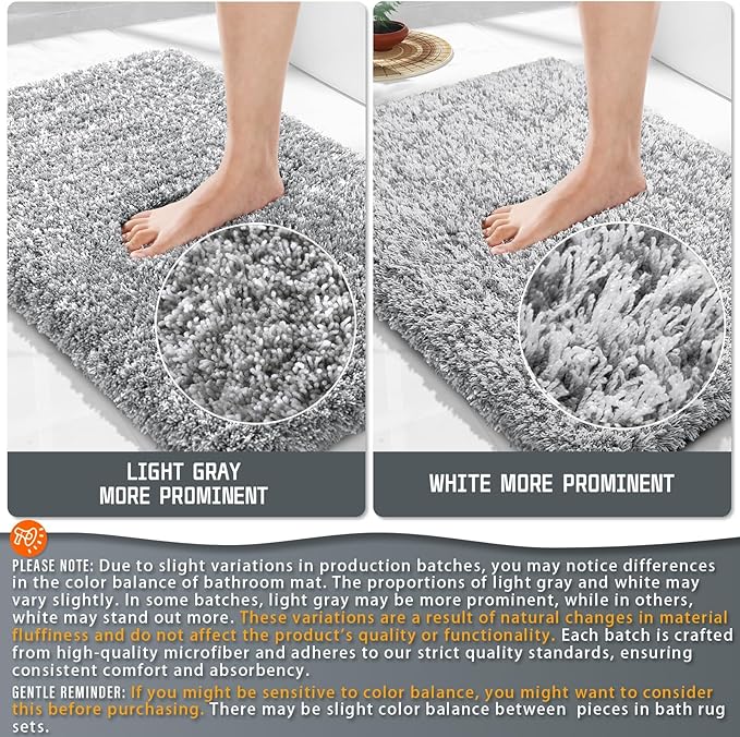 Yimobra Bathroom Rugs Non Slip Washable 36x24, Ultra Soft and Water Absorbent Bath Mats, Plush Fluffy Shower Mat Outside, Luxury Microfiber Thick Matts for Bathroom Floor/Tub, Light Gray and White