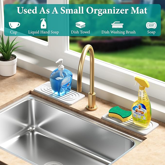 Water Absorbing Stone Tray, Quick Drying Diatomite Bathroom Tray Countertop, Stone Drying Mat for Kitchen Counter, Soap Dish Dispenser Vanity Organizer, White-A-8.3" x 4"