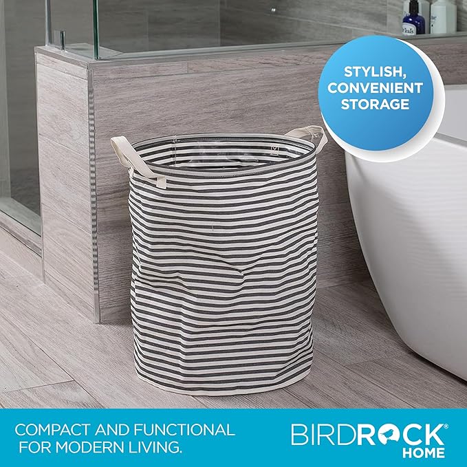 BIRDROCK HOME Collapsible Single Round Laundry Hamper Basket - Grey & White Stripes Bin - Compact Dirty Clothes Organizer Bag