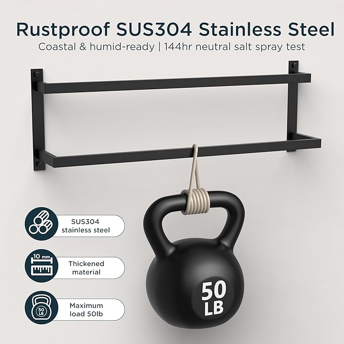 FORIOUS Double Towel Rack, 24 Inch Towel Racks for Bathroom Wall Mounted, Heavy-Duty SUS304 Stainless Steel Towel Bar, 2-Tier Design Heavy Duty Towel Rack, Matte Black