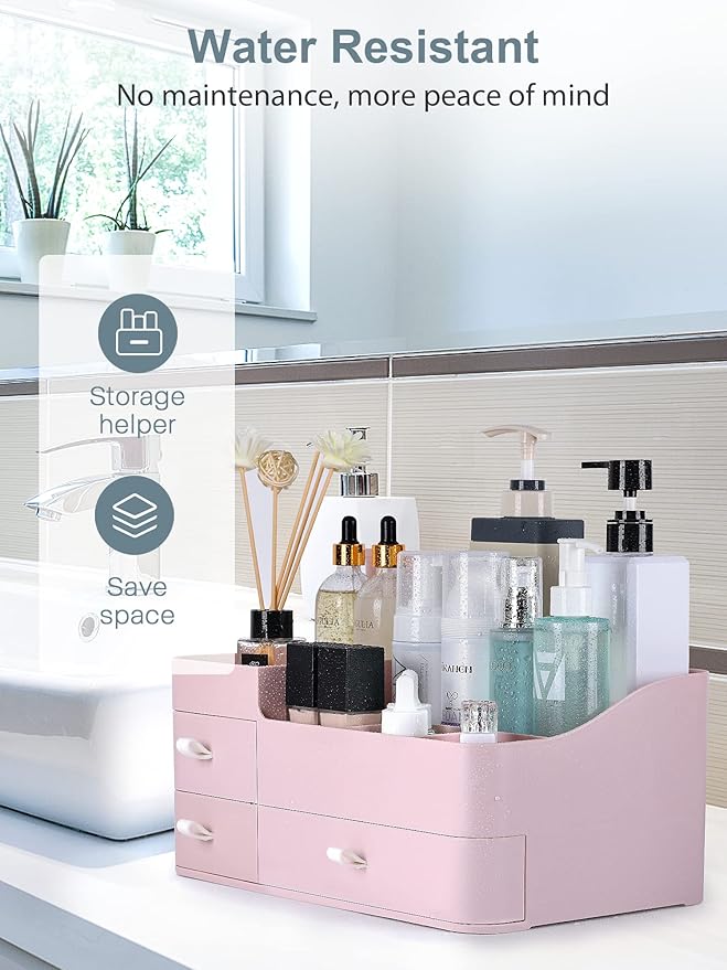 BREIS Makeup Organizer for Vanity,Large Countertop Organizers with Drawers,Dresser Bathroom Cosmetics Organization and Storage for Perfume Skin Care Nail Polish Brushes Eyeshadow Lipstick (Pink)