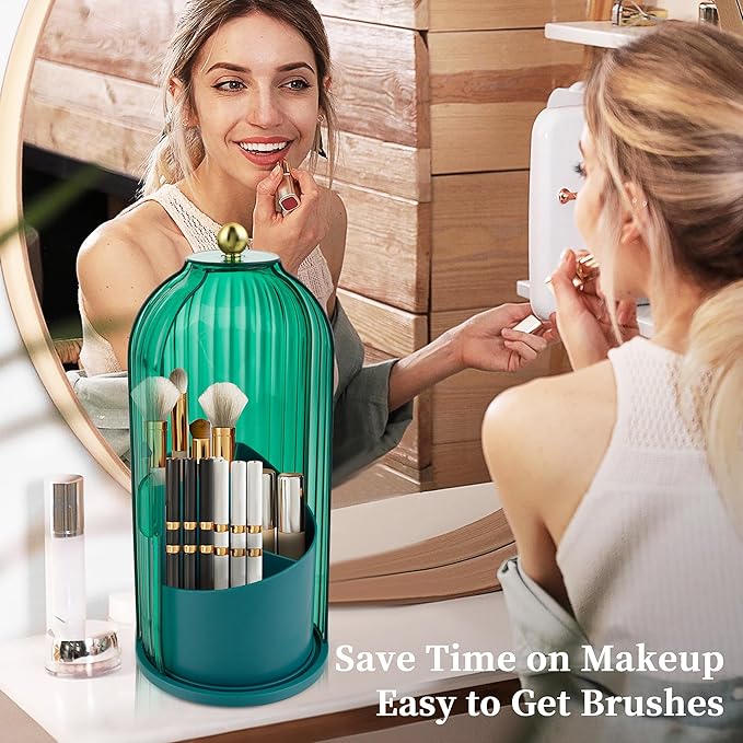 Makeup Brush Holder Organizer, 360 Rotating Makeup Brush Holder, Dustproof Waterproof Material & with 3 Compartments for Organized Storage, Dressing Tables Clear Storage Skincare Cosmetic (Green)