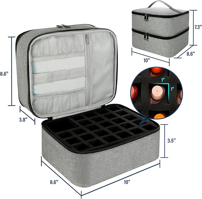 Nail Polish Organizer Bag, Double-Layer Nail Supplies Organizer Holds 30 Bottles & Nail Lamp, Professional Nail Kit Storage Carrying Case (Gray)