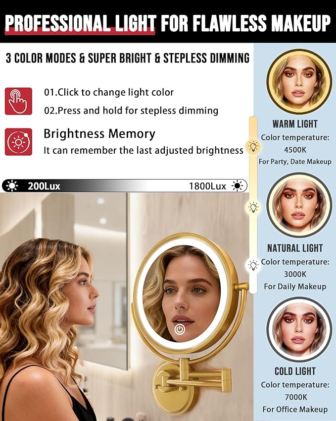 10" Large Lighted Makeup Mirror Wall Mounted, Rechargeable 1X/5X Double-Sided 3 Color Touch Dimmable Extended Swing Arm 360 Rotation Vanity Mirror for Bathroom, Brushed Moderne Brass