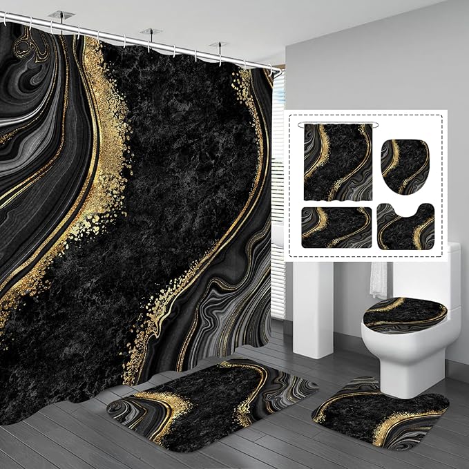 Gibelle 4 Pcs Luxury Marble Shower Curtain Set with Non-Slip Rugs, Toilet Lid Cover and Bath Mat, Black Gold Bathroom Decor Set with Shower Curtain and Rugs and Accessories