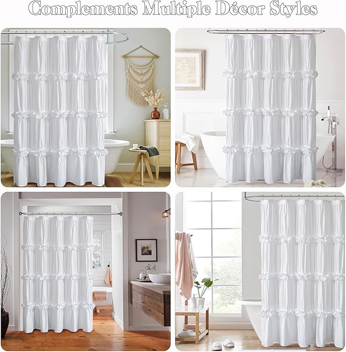 Victorian Ruffle Shower Curtain 60" x 72" White, Ruched Microfiber Vintage Handcrafted Bow Tie, Stall Size Bath Curtain with 10 Buttonholes, Machine Washable and Dry Quickly (LQ-10)